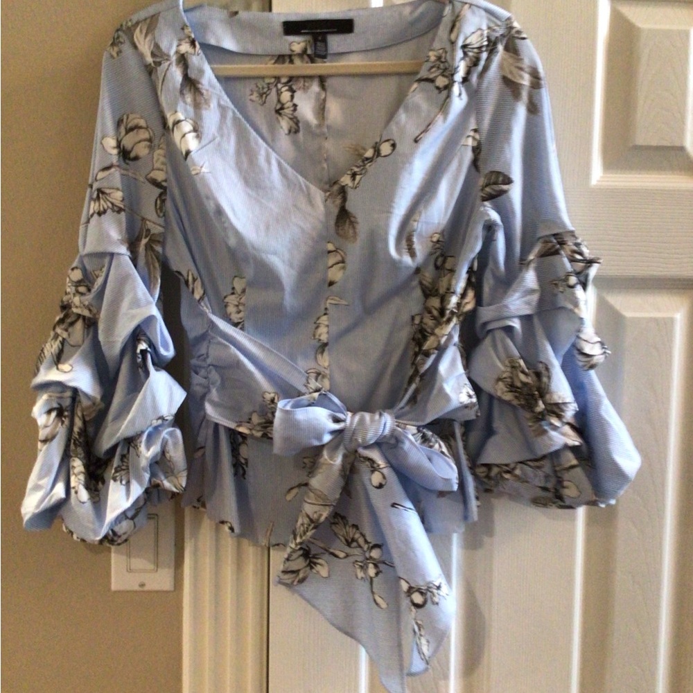 White House Black Market Blue Ruffled Tie Front Blouse - Picture 2 of 3